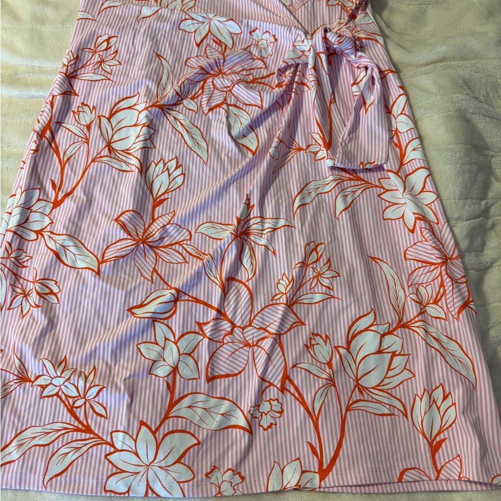 Talbots Pink and Orange Floral Asymmetrical Wrap Dress - Picture 2 of 7